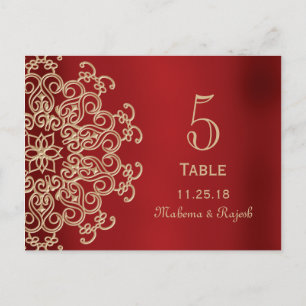 CARTE NUMÉRO DE TABLE MARIAGE INDIEN ROUGE ET OR
