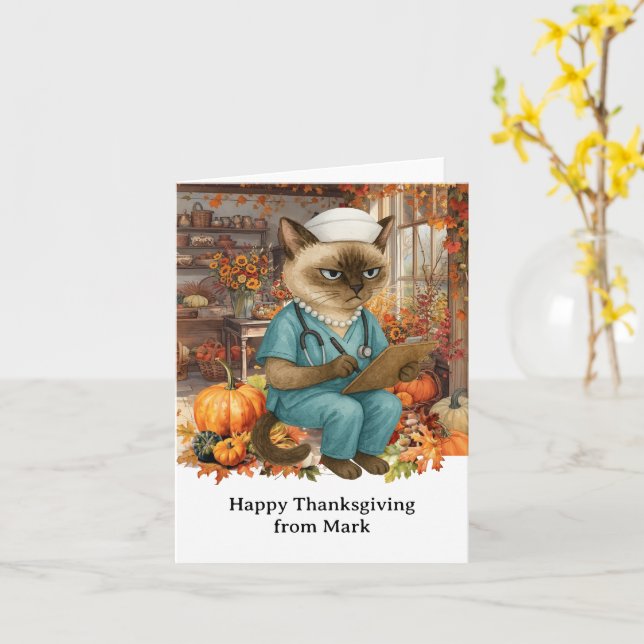 Carte NURSE Chat avec Fleurs automne saison Thanksgiving (Fleur jaune)
