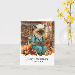 Carte NURSE Chat avec Fleurs automne saison Thanksgiving
