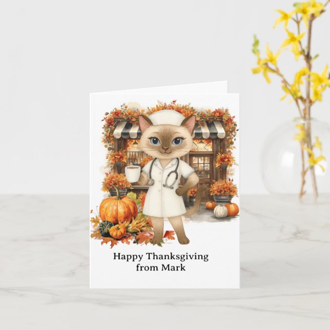 Carte NURSE Chat avec Fleurs automne saison Thanksgiving (Fleur jaune)