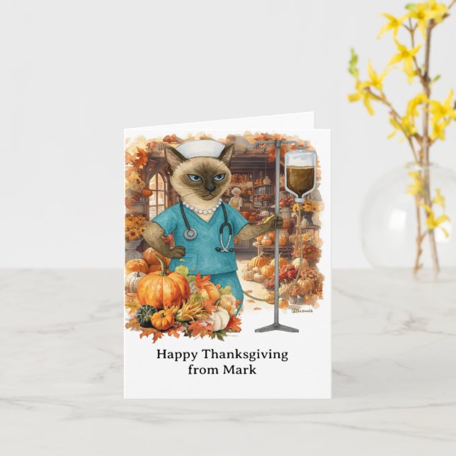Carte NURSE Chat avec Fleurs automne saison Thanksgiving (Fleur jaune)