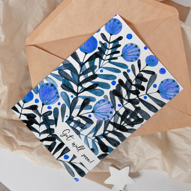 Carte Obtenez bien bientôt Fleurs et feuillage bleus lun (Créateur téléchargé)