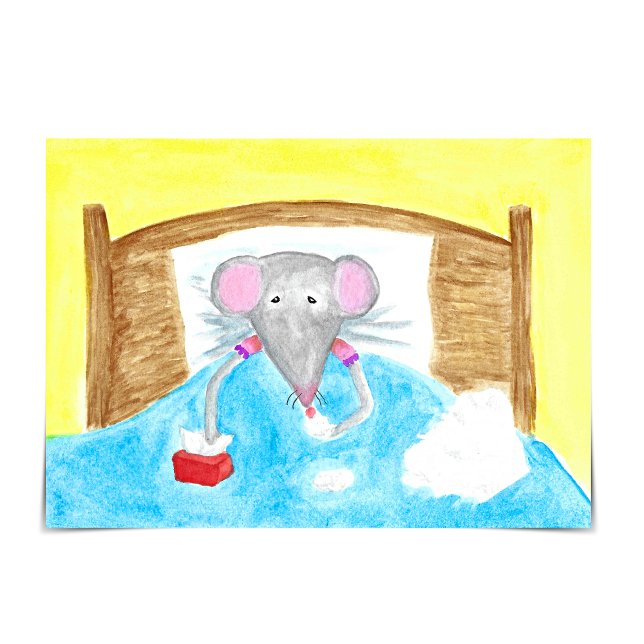 Carte Obtenez bien bientôt Missy Mouse Malade dans la ca (A sick little mouse in bed and dabbing at her snout with a tissue.)