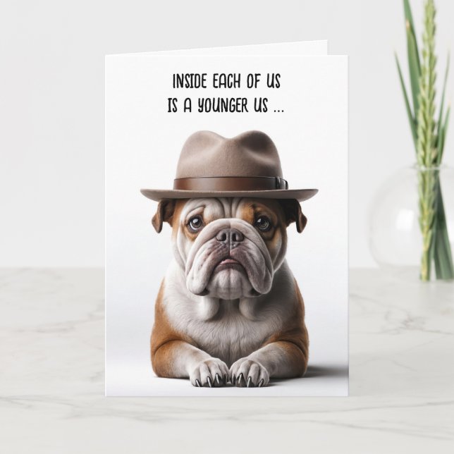 Carte Obtenir Anniversaire Humour Bulldog Avec Fedora (Devant)
