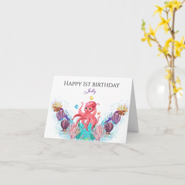 Carte Ocean Sea Octopus bébé Joyeux anniversaire (Fleur jaune)