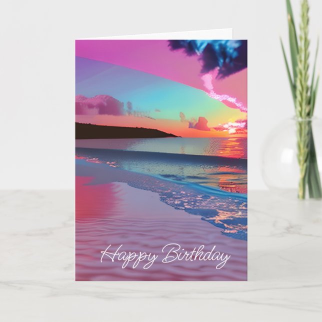 Carte Ocean Waves and Sunset, Sable rose, Joyeux anniver (Devant)