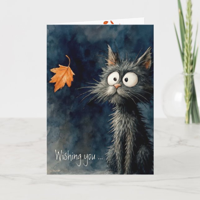 Carte Octobre Anniversaire Chat Avec Feuille D'Automne (Devant)