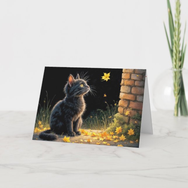 Carte Octobre Anniversaire Kitten Regarder une feuille d (Devant)