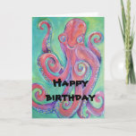 Carte octopus birthday card<br><div class="desc">cute painting of a happy smiling pink and purple octopus on a blue green background makes this fun birthday card card. Great for kids.</div>