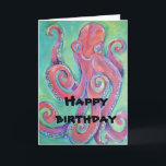 Carte octopus birthday card<br><div class="desc">cute painting of a happy smiling pink and purple octopus on a blue green background makes this fun birthday card card. Great for kids.</div>