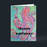 Carte octopus birthday card<br><div class="desc">cute painting of a happy smiling pink and purple octopus on a blue green background makes this fun birthday card card. Great for kids.</div>