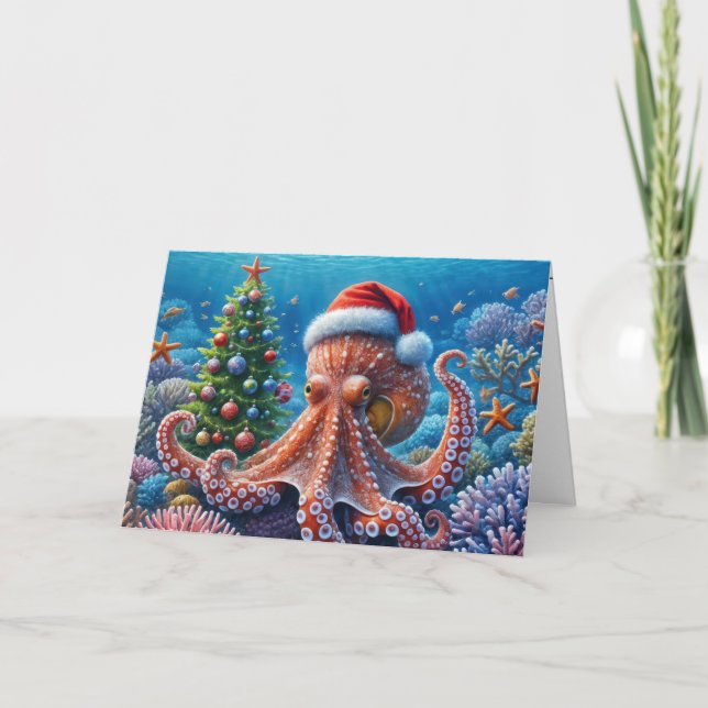 Carte Octopus de Noël portant un chapeau de Père Noël (Devant)