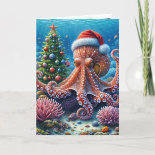 Carte Octopus de Noël portant un chapeau de Père Noël