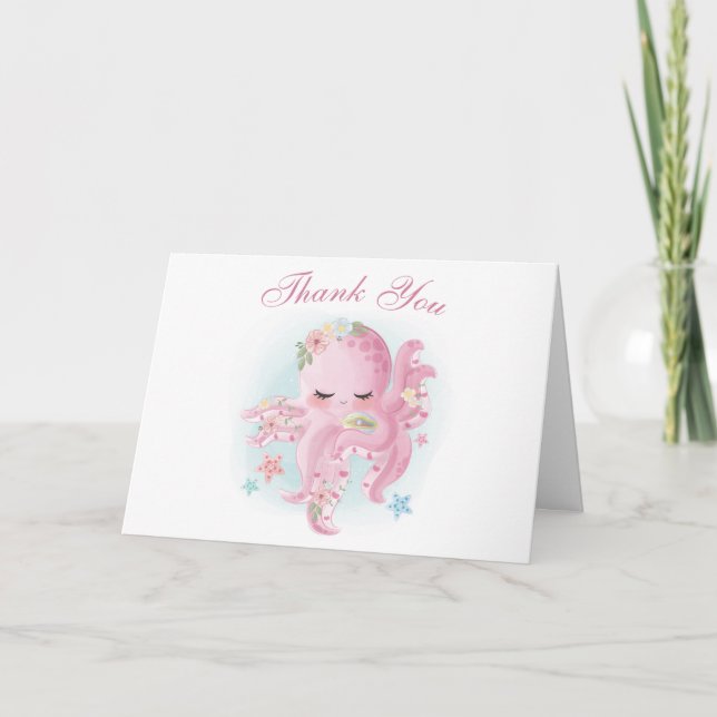 Carte Octopus rose Aquarelle fille Baby shower Merci (Devant)