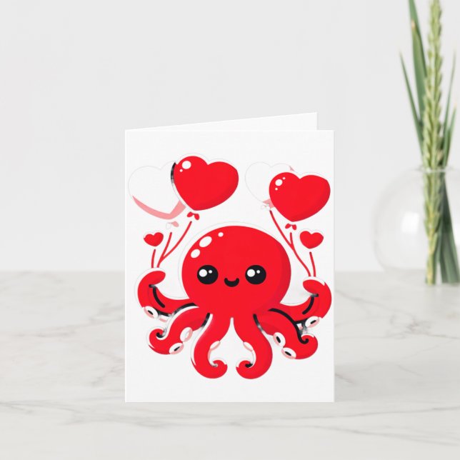 Carte Octopus With Heart Lloons Adorable Valentines Day  (Devant)