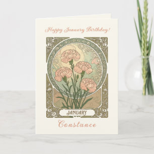 Carte Œillet Fleurs d'Art Nouveau de naissance de janvie