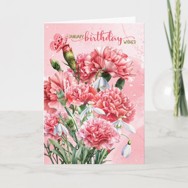 Carte Œillets roses de janvier avec perce-neige pour ann (Devant)