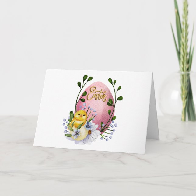 Carte Œuf de Pâques, poussin et fleurs printanières  (Devant)