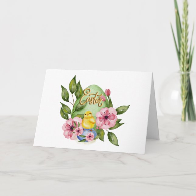 Carte Œuf de Pâques, poussin, fleurs roses de printemps  (Devant)