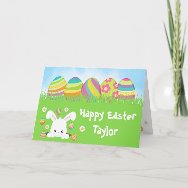 Carte Oeufs arc-en-ciel de lapin Joyeux Pâques (Devant)