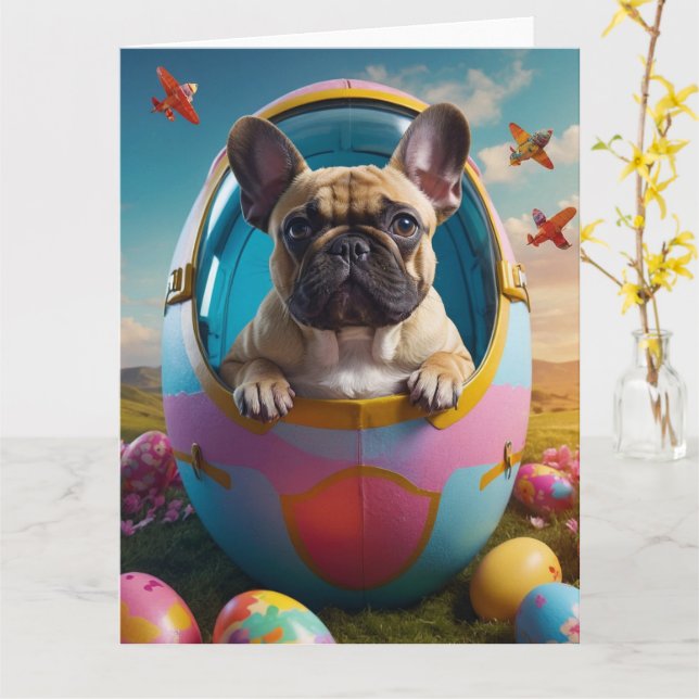 Carte Œufs de Pâques Bouledogue Français  (Fleur jaune)