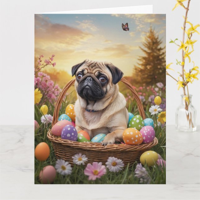 Carte Œufs de Pâques de Pug (Fleur jaune)