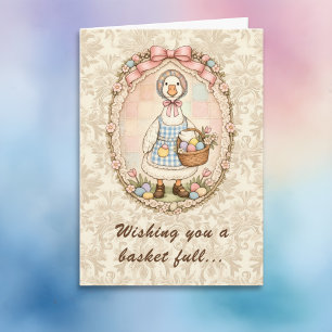 Carte Œufs de Pâques et Oie Mignonne en Vêtements Ancien