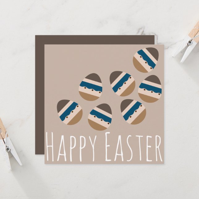 Carte Œufs de Pâques Joyeux Chocolat Tons Terre Bleu Mar (Devant/Arrière en situation)