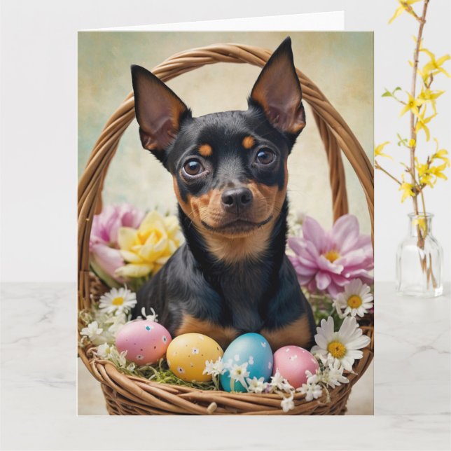 Carte Œufs de Pâques Pinscher Nain (Fleur jaune)