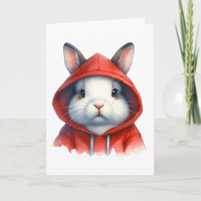 Carte Œuvre d'art à l'aquarelle Lapin blanc à capuche ro (Devant)