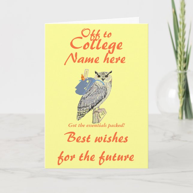 Carte Off to College Meilleurs voeux, Owl, ajouter le no (Devant)