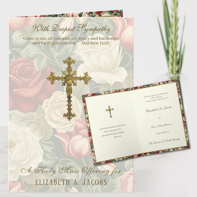 Carte Offrande de crucifix de roses de la messe de sympa (TRADITIONAL CATHOLIC SYMPATHY MASS OFFERING CARD WITH SCRIPTURE AND CRUCIFIX)