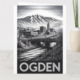 Carte Ogden Utah Skyline Noir et Blanc Gravure sur Bois