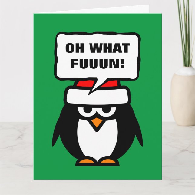 Carte Oh What Fun pingouin dessin animé Noël très grand (Devant)