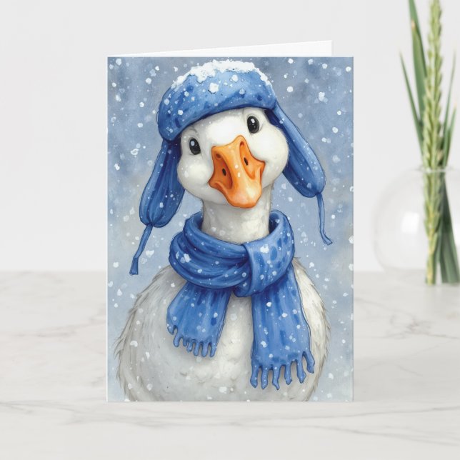 Carte Oie blanche de Noël avec écharpe bleue (Devant)