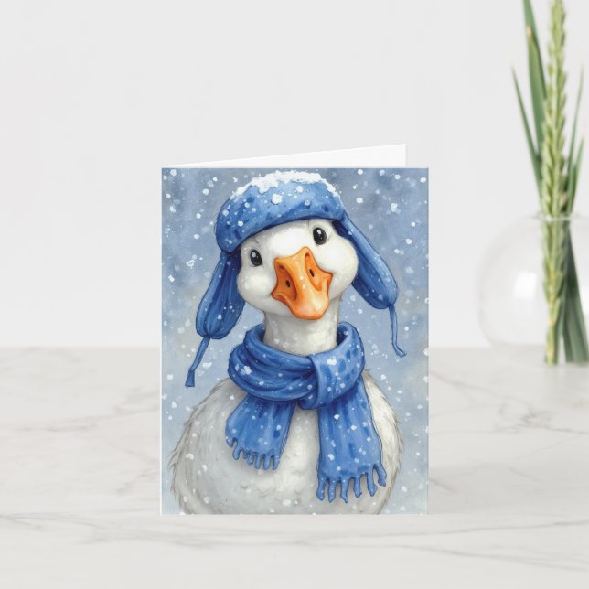 Carte Oie blanche d'hiver avec écharpe bleue (Devant)