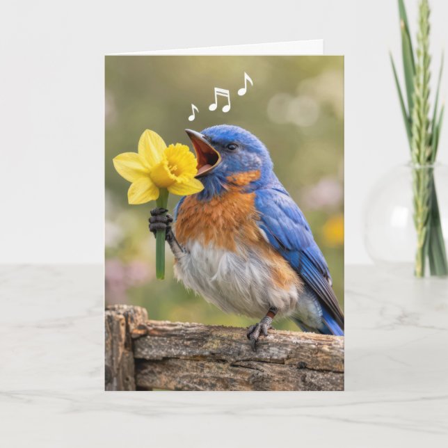Carte Oiseau bleu d'anniversaire chantant dans un narcis (Devant)