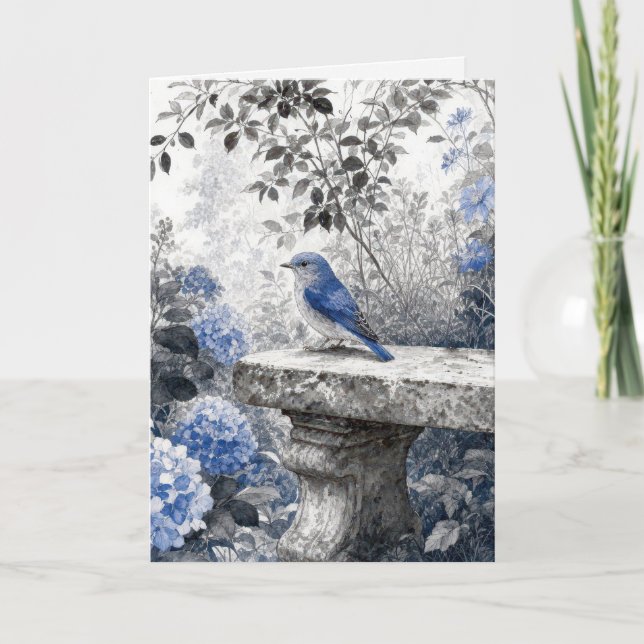 Carte Oiseau Bleu d'Anniversaire Sur un Banc de Jardin e (Devant)