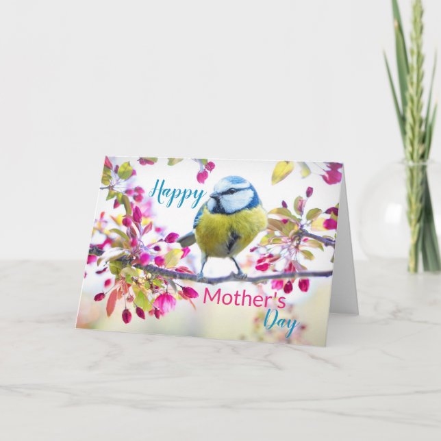 Carte Oiseau bleu et jaune Fleur Branche Fête des mères (Devant)