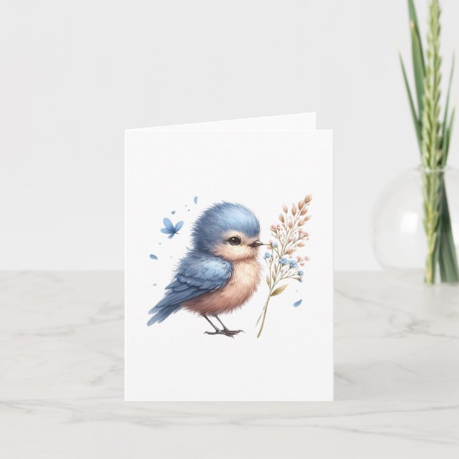Carte Oiseau bleu lunaire avec fleurs et papillon (Devant)