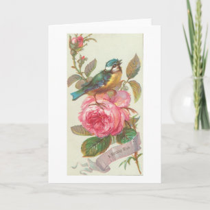 Carte Oiseau bleu vintage et Fleur rose Anniversaire
