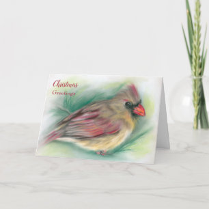 Carte Oiseau cardinal féminin en Pine Pastel Art Noël
