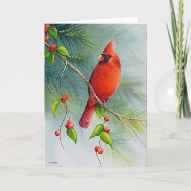 Carte Oiseau cardinal rouge mâle, aquarelle (Devant)