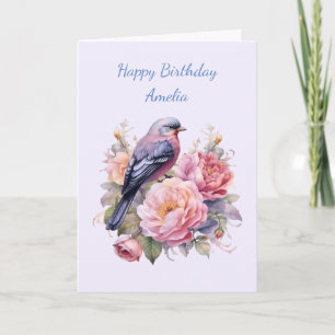 Carte Oiseau chanteur perché sur des pivoines roses anni