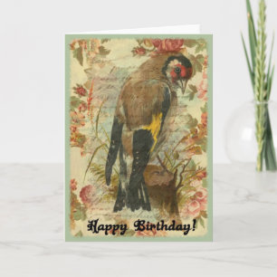 Carte Oiseau d'anniversaire vintage avec fond floral