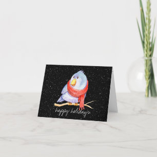 Carte Oiseau de Noël avec écharpe dans les flocons de ne