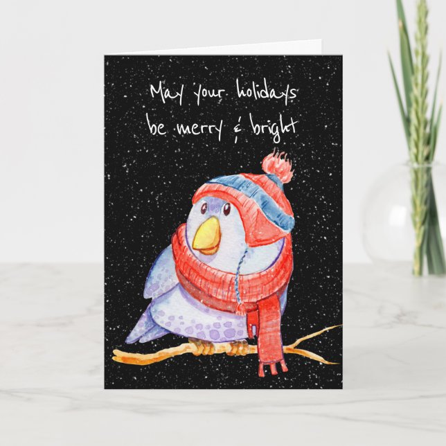 Carte Oiseau de Noël dans des flocons de neige sur fond  (Devant)