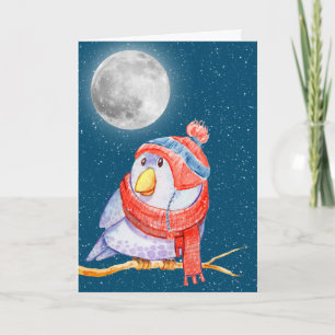 Carte Oiseau de Noël et Lune aux flocons de neige