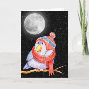 Carte Oiseau de Noël et Lune aux flocons de neige