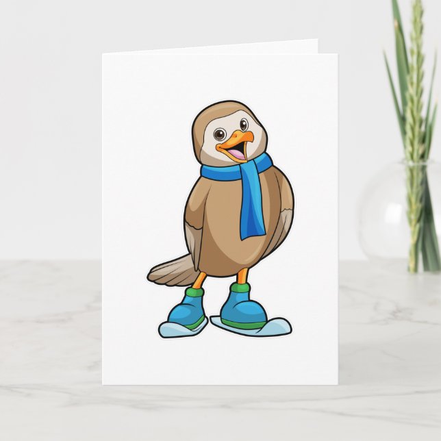 Carte Oiseau en skieur avec ski et écharpe (Devant)